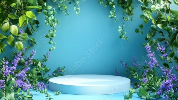 Obraz Blue podium with plants for product showcase, ideal for natural products