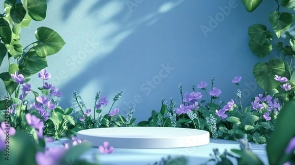 Obraz Empty white podium with plants and flowers under natural light, for presentation