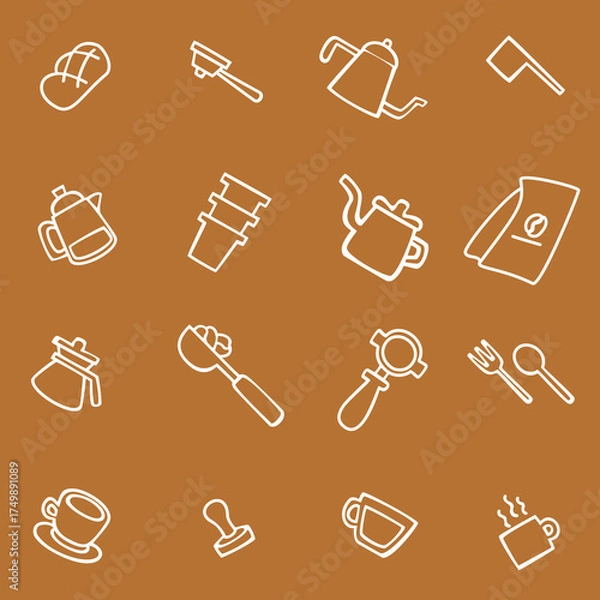 Obraz Cute seamless pattern of coffee makers, mugs, and cafe treats in warm tones. Perfect for wallpapers, packaging, or cafe branding design.
