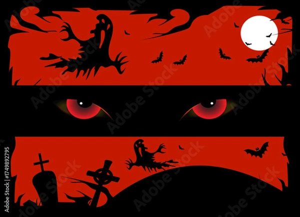 Obraz Halloween background with devils eyes with graveyard and ghost. Vector illustration 