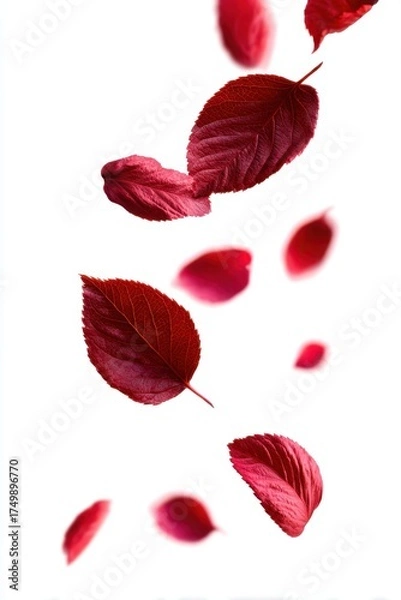Obraz Vibrant red leaves fall gracefully against a clean white background, creating a striking visual of nature's beauty and transience.