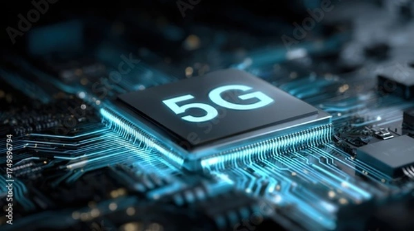Obraz A close-up view of a 5G chip on a circuit board, showcasing intricate details and blue lighting, emphasizing advanced technology.