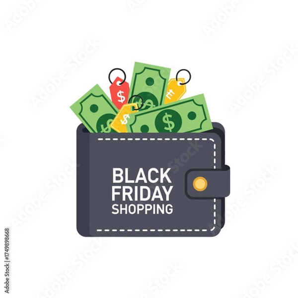 Fototapeta Black Friday Shopping Wallet Overflowing with Money and Price Tags.