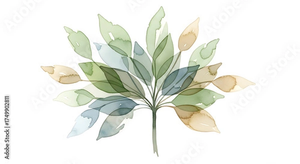Fototapeta Watercolor painting of tree with green and brown leaves on white background