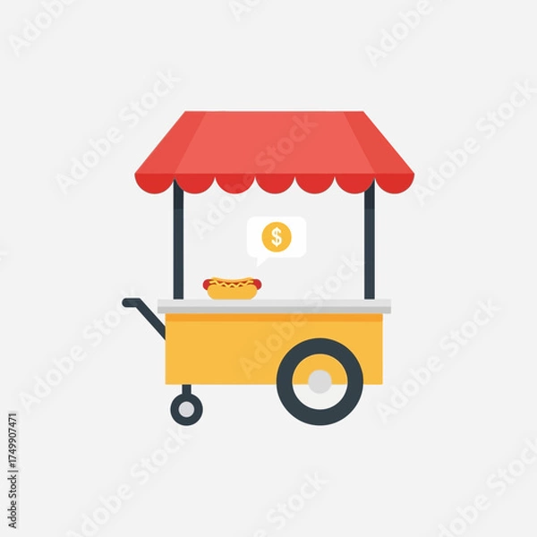 Obraz A yellow food cart with a red awning and wheels on a white background.