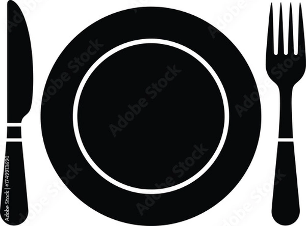 Fototapeta Simple silhouette of a plate with knife and fork