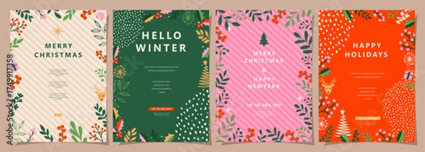 Obraz Set of Merry Christmas and Happy New Year background. Greeting and invitation card, web banner, holiday cover, flyer, poster design templates. Modern flat vector illustration.