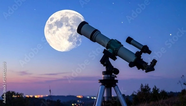 Fototapeta Telescope Aimed at the Moon at Night.