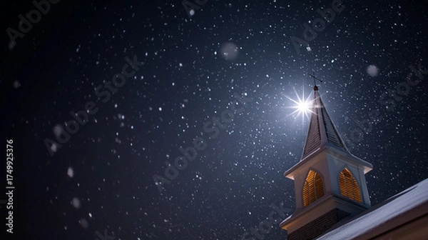 Obraz Church steeple shining brightly under snowy night sky