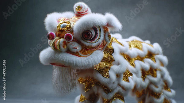 Obraz Chinese lion dance costume in traditional style in gold and white colors for festivals