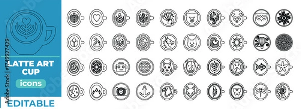 Fototapeta Elegant editable latte art cup line icons