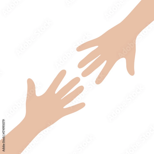 Obraz Two hands of arms reaching for each other. Helping hand. Close up body part. Flat design. Love soul gift concept White background. Isolated. Vector illustration