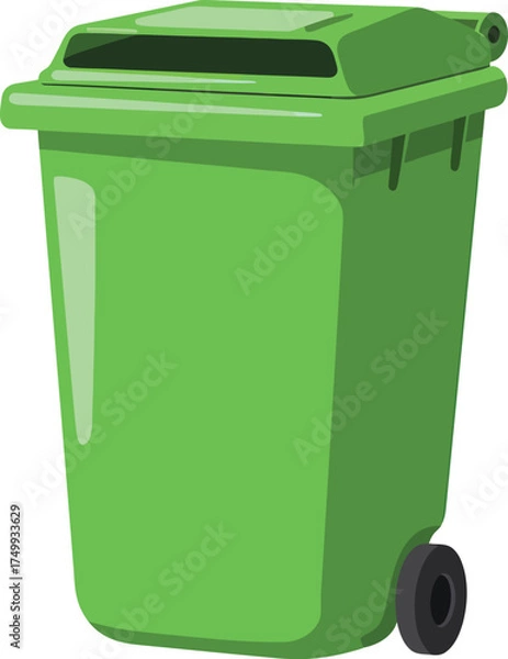 Fototapeta A bright green wheeled trash bin with a dark lid and a single black wheel visible on the right side.