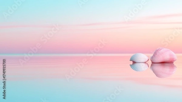 Obraz a tranquil beach during twilight, pastel skies mirrored on calm waters, with seashells scattered along the shore.