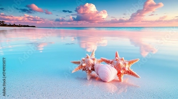 Fototapeta a tranquil beach during twilight, pastel skies mirrored on calm waters, with seashells scattered along the shore.