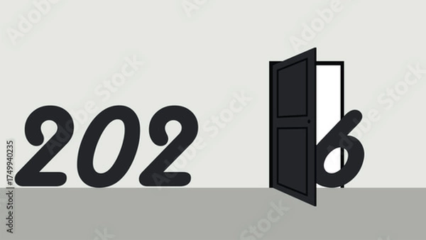Fototapeta Modern best happy new year 2026 design with gray wall, dark floor, and black open concept where number six peeks out. elegant 3d minimal background perfect for festive cards, posters, and graphics.