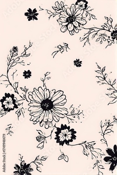 Fototapeta Elegant black and white floral line art with daisies and delicate vines on a soft beige background — classic, romantic, and perfect for vintage or minimalist design themes.