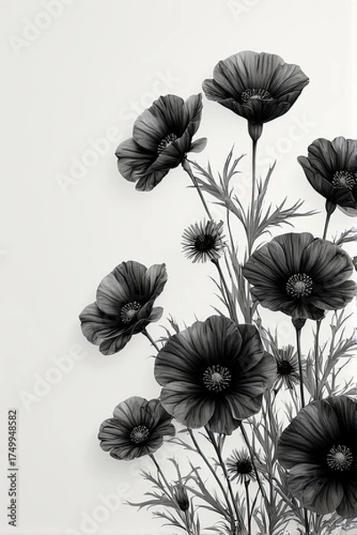 Obraz Elegant black and white illustration of poppies with delicate, textured petals and stems, set against a clean white background — artistic, dramatic, and timeless.