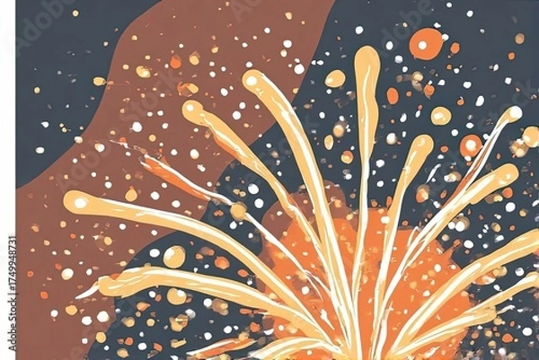 Fototapeta A vibrant, stylized firework bursts in golden-orange streaks against a dark, starry background with floating dots — festive, celebratory, and perfect for holidays or special events.