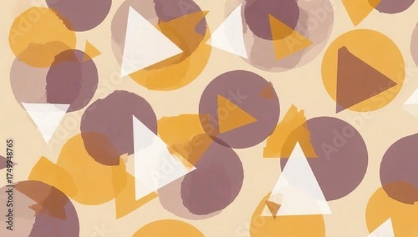 Fototapeta Geometric abstract pattern in warm earthy tones of yellow, brown, and cream, featuring overlapping circles and triangles — modern, retro-inspired, and ideal for design or branding themes.