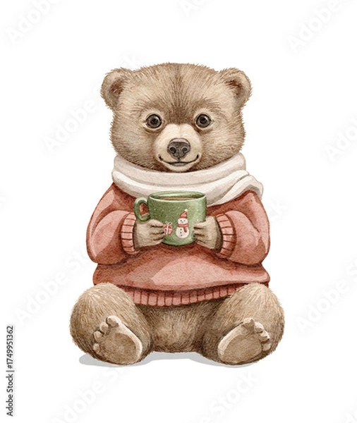 Fototapeta Christmas vintage cartoon cute little bear boy sits in clothes sweater and scarf drinking hot drink and smiling isolated on white background. Watercolor and pencil hand drawn illustration sketch