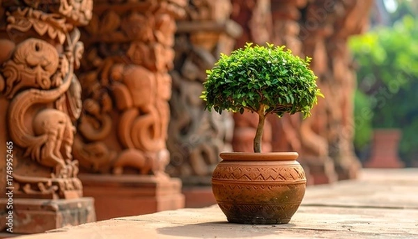 Fototapeta Ornamental Plant in Terracotta Pot, Ancient Architecture Background.