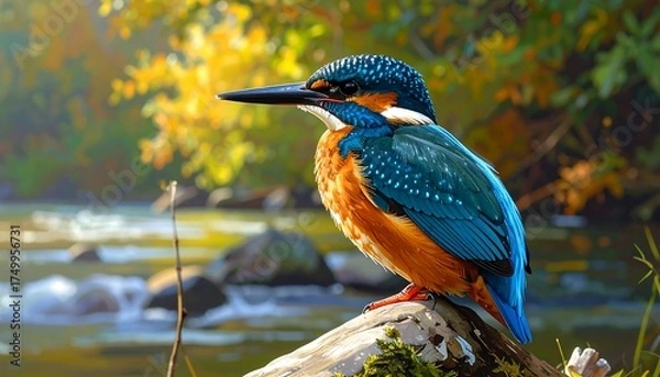 Fototapeta Beautiful Kingfisher Perched on Log.