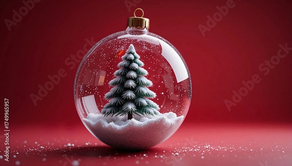 Obraz Clear Glass Christmas Bauble with Miniature Flocked Pine Tree and Snow Inside on a Deep Red Background, Traditional Holiday Scene for Seasonal Websites, Promotions, and Festive Banners1
