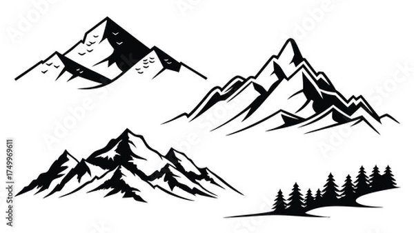 Fototapeta Modern black mountain shapes pack for graphic design and illustrations