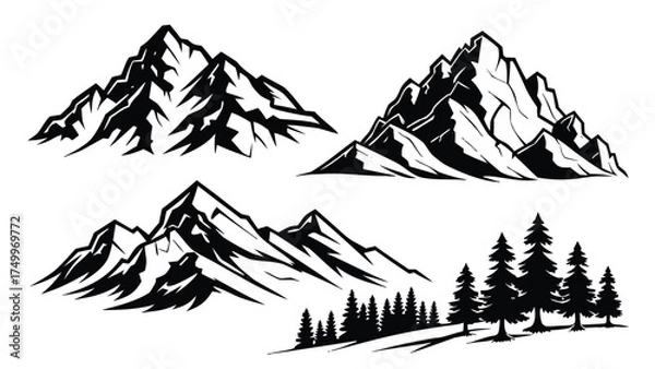 Fototapeta Collection of black silhouette mountain symbols and icons for outdoor adventure and nature designs