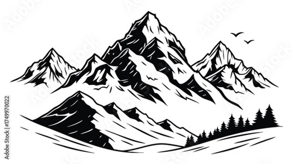 Fototapeta Collection of stylized black mountain peaks with crisp snow caps for graphic design projects