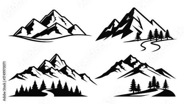 Fototapeta Collection of simple black mountain art icons for outdoor adventure and travel graphics