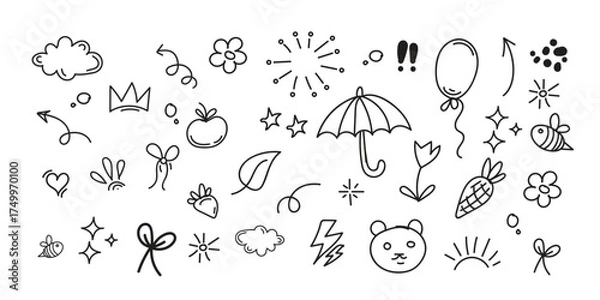 Obraz  Line cute element set. Hand-drawn sketch doodle style arrow, cloud, star with marker stroke pencil highlight. Doodle sketch heart, star, cloud cartoon sticker shapes