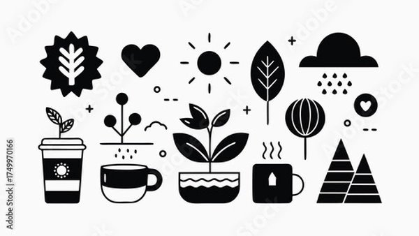 Fototapeta Stylish monochrome icon collection featuring nature elements and essential symbols