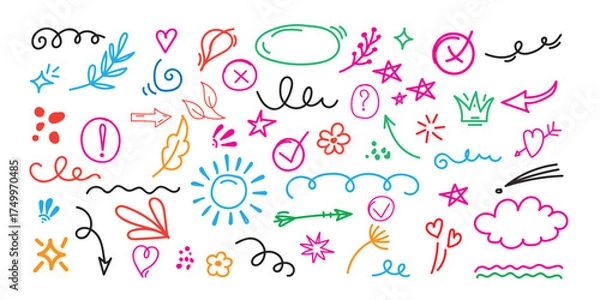 Obraz  Line cute element set. Hand-drawn sketch doodle style arrow, cloud, star with marker stroke pencil highlight. Doodle sketch heart, star, cloud cartoon sticker shapes