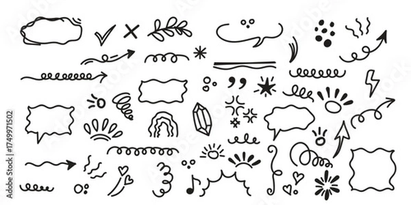 Obraz  Line cute element set. Hand-drawn sketch doodle style arrow, cloud, star with marker stroke pencil highlight. Doodle sketch heart, star, cloud cartoon sticker shapes