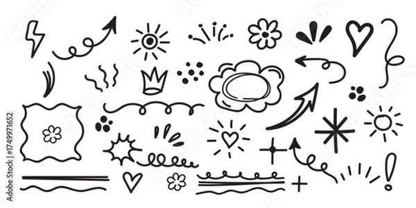 Obraz  Line cute element set. Hand-drawn sketch doodle style arrow, cloud, star with marker stroke pencil highlight. Doodle sketch heart, star, cloud cartoon sticker shapes