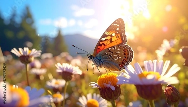 Fototapeta Butterfly on Flower in Sunny Meadow.