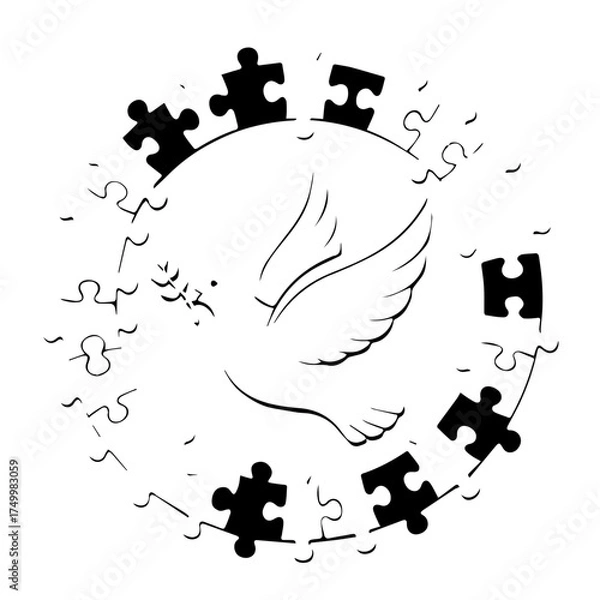 Fototapeta Symbolic Dove of Peace with Olive Branch Surrounded by Puzzle Pieces.