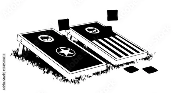Fototapeta Two Black Cornhole Boards with Star and Stripe Designs on Grassy Surface.