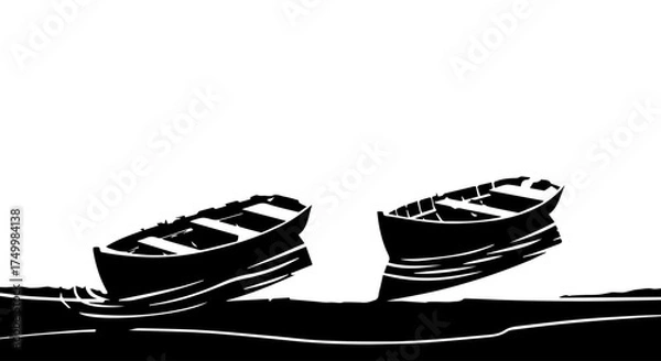 Fototapeta Two Black and White Wooden Rowboats Floating on Water, Side View.