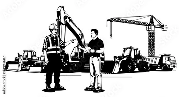 Fototapeta Busy construction site with heavy machinery, cranes, and workers coordinating at a development project.