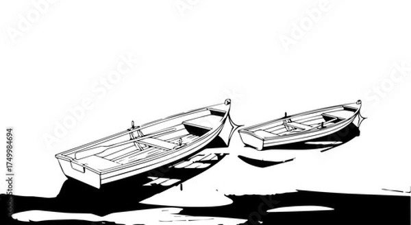 Fototapeta Two Wooden Rowboats Floating Side-by-Side, Casting Shadows on Water Surface.