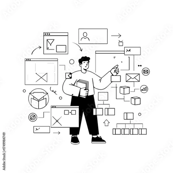 Fototapeta Vector Illustration of a Young Man Presenting Digital Interface Elements.
