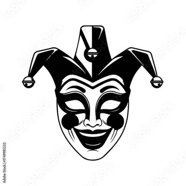Fototapeta Vintage Black and White Jester Mask with Smiling Face and Bells.