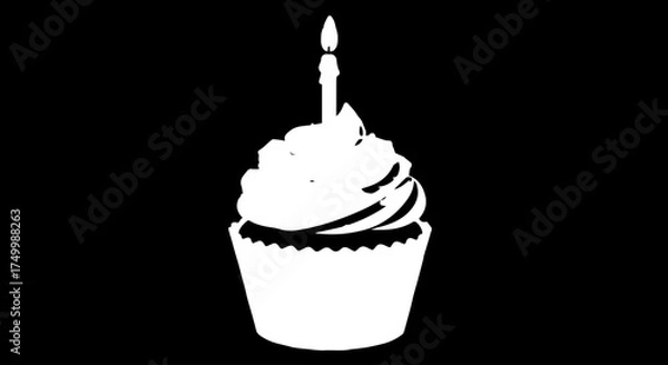 Fototapeta White Silhouette of a Cupcake with Swirled Frosting and Lit Candle.