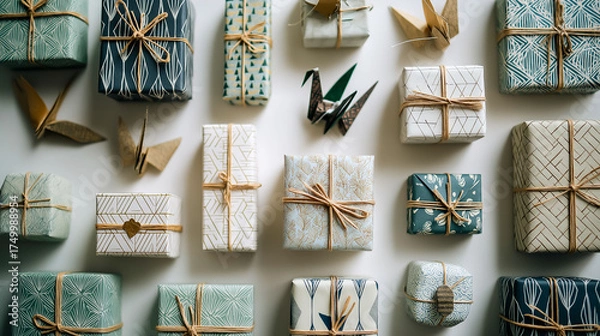Fototapeta 折り鶴が飾るカラフルなギフトボックス｜和の贈り物イメージ
