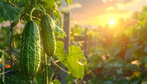 Fototapeta Cucumbers Growing on Vine at Sunset.