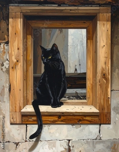 Fototapeta Black Cat Perched in Window Frame.
