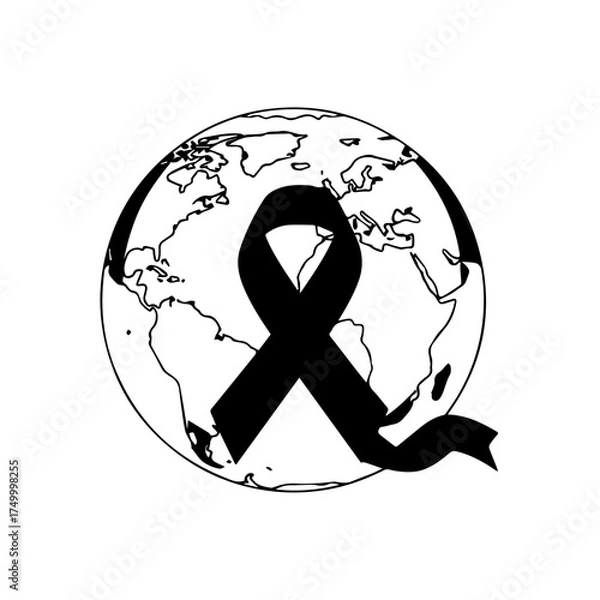 Obraz Black Ribbon of Mourning Over Earth Globe Symbolizing Remembrance and Solidarity.